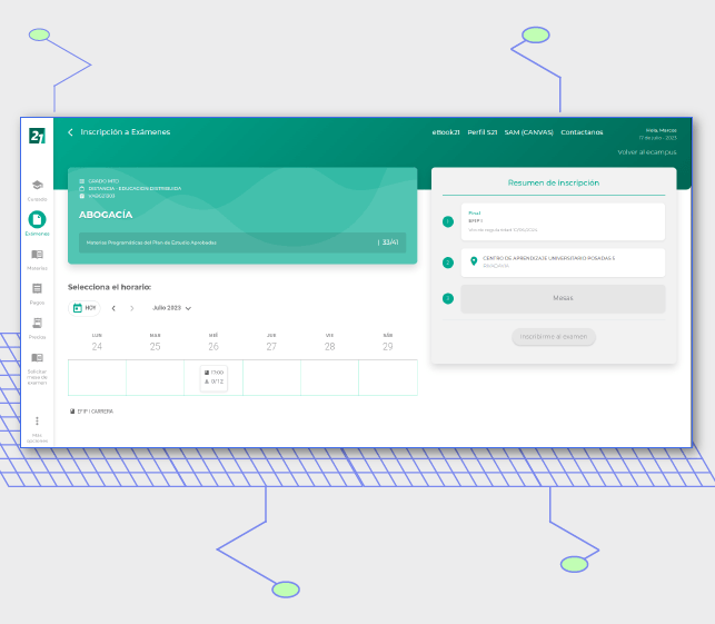 Screenshot de plataforma de estudiantes Siglo 21